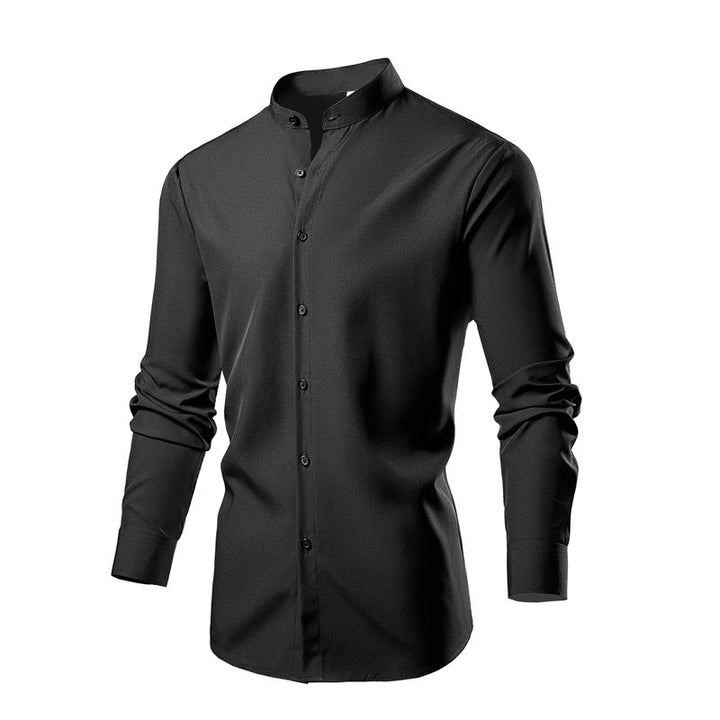 Long sleeve kimono shirt for men with modern stand collar and stylish button details Lune London
