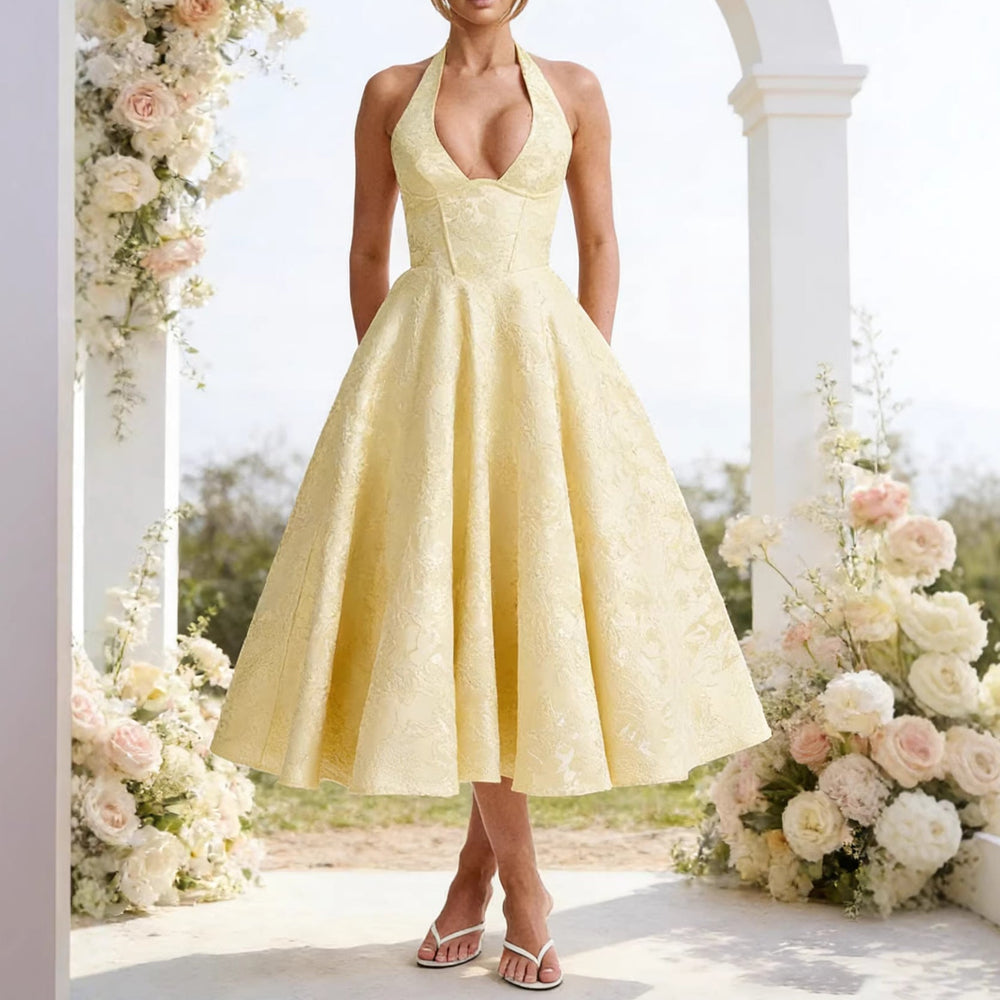 Women's Elegant Halter Neck Midi Dress with Detailed Lace Processing Lune London