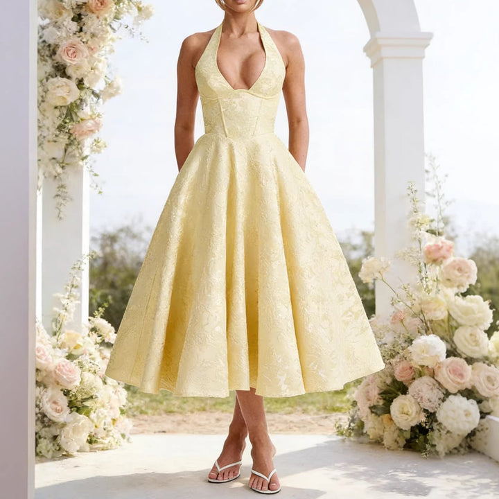 Women's Elegant Halter Neck Midi Dress with Detailed Lace Processing Lune London