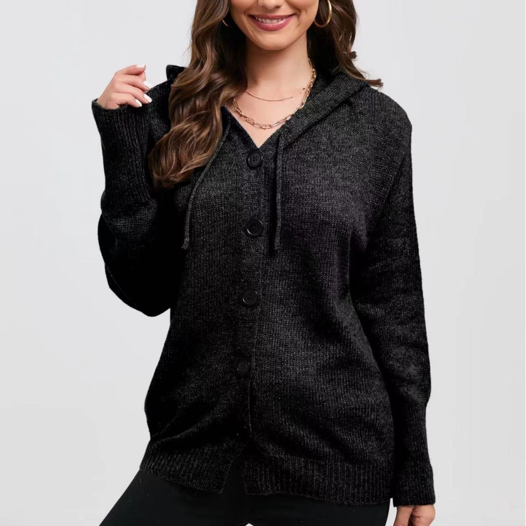 Casual knit cardigan for women with hood and large buttons Chic und Stil