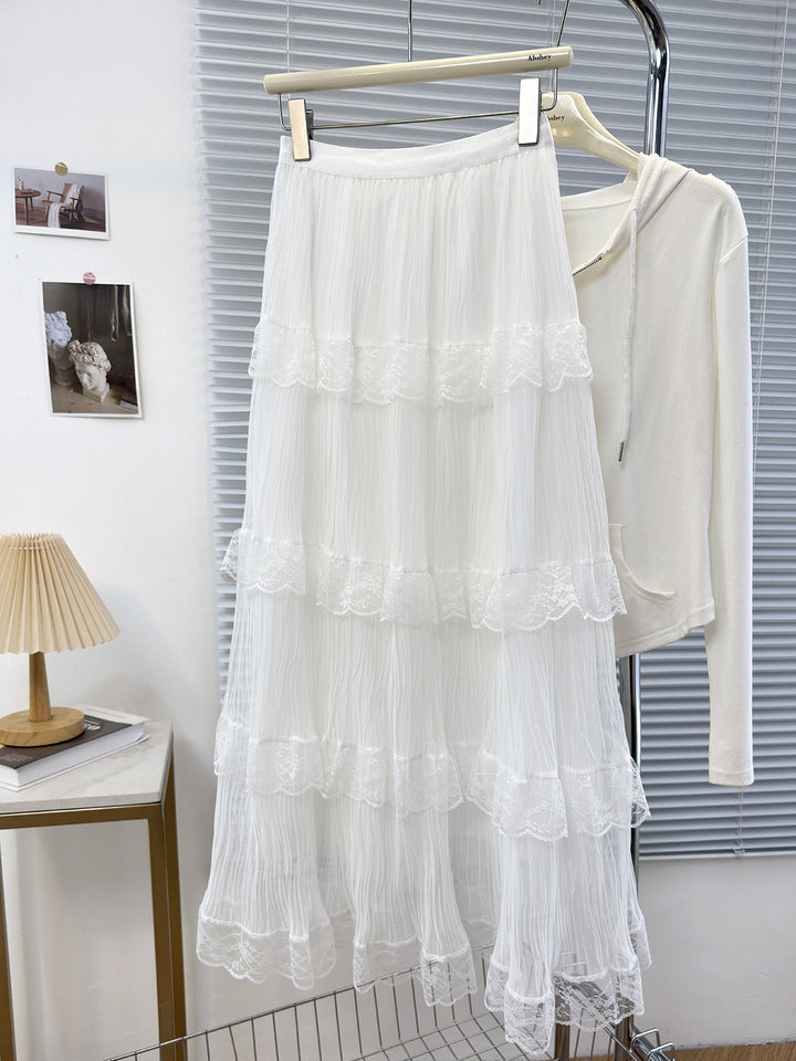 Long tulle skirt for women with a multi-layer lace trim Lune London