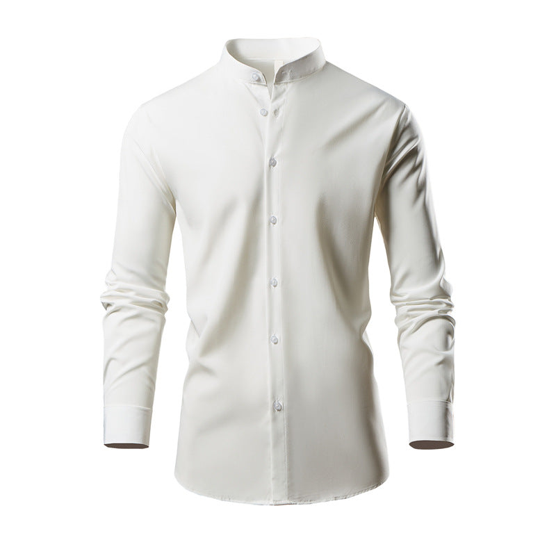 Long sleeve kimono shirt for men with modern stand collar and stylish button details Lune London