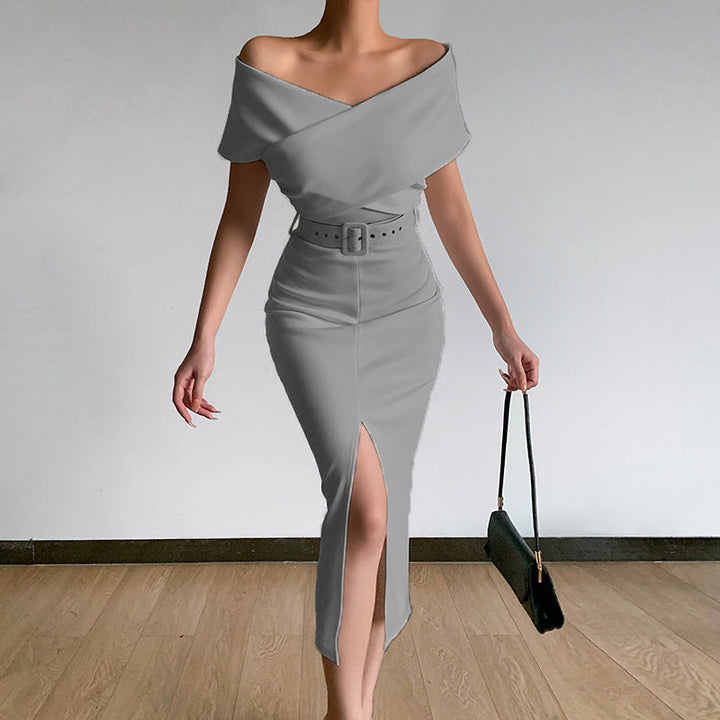 Midi dress for women fitted with bardot neckline and side slit Lune London