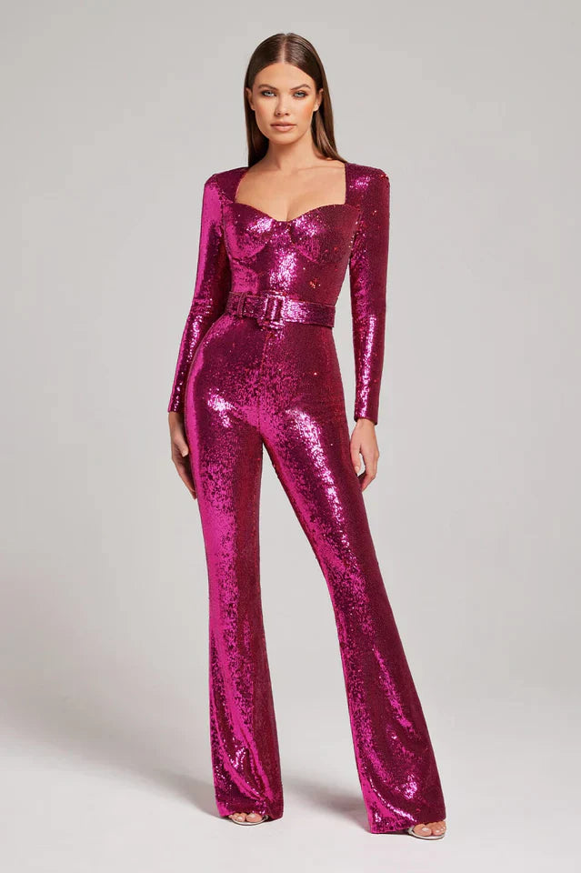 Sequin Jumpsuit with Corset Detail and Flared Legs