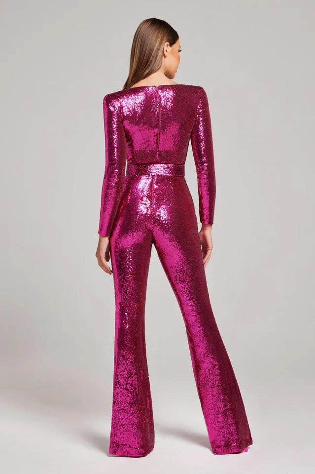 Sequin Jumpsuit with Corset Detail and Flared Legs