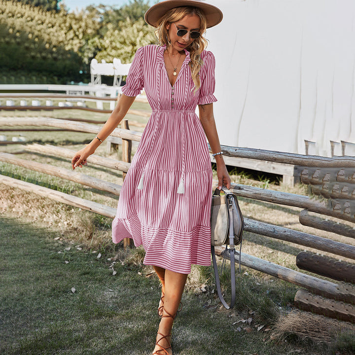 Striped Summer Dress with Lantern Sleeves and V-Neck