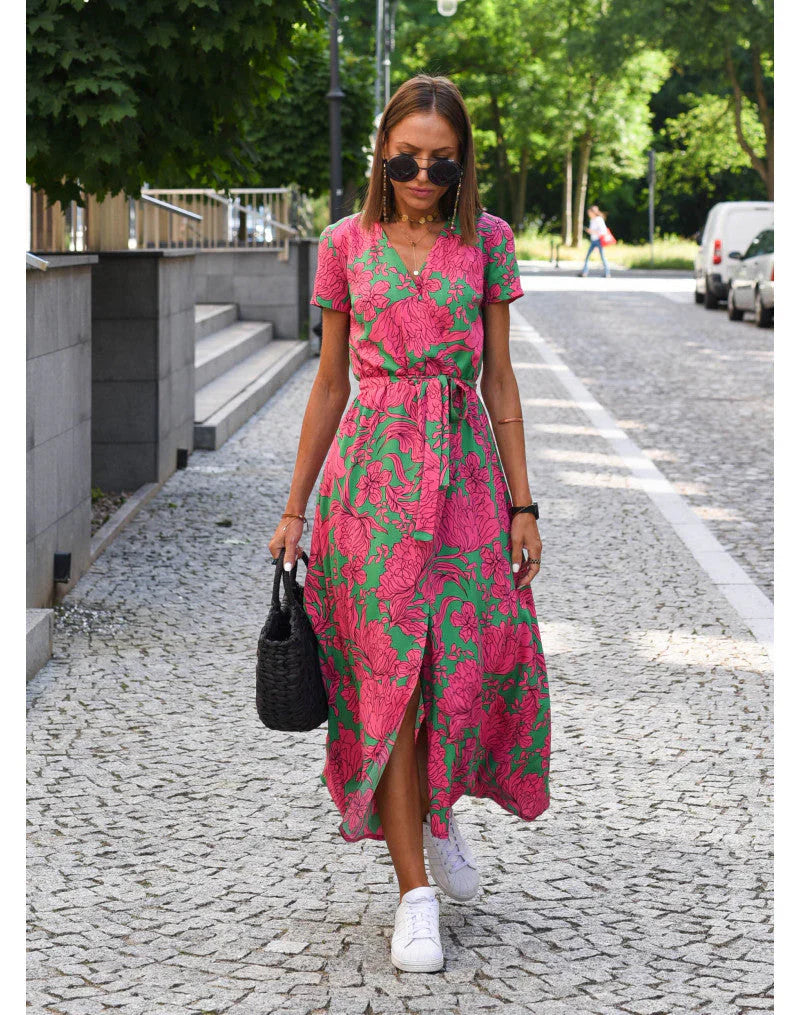 Floral Summer Maxi Dress with Elegant V-Neckline