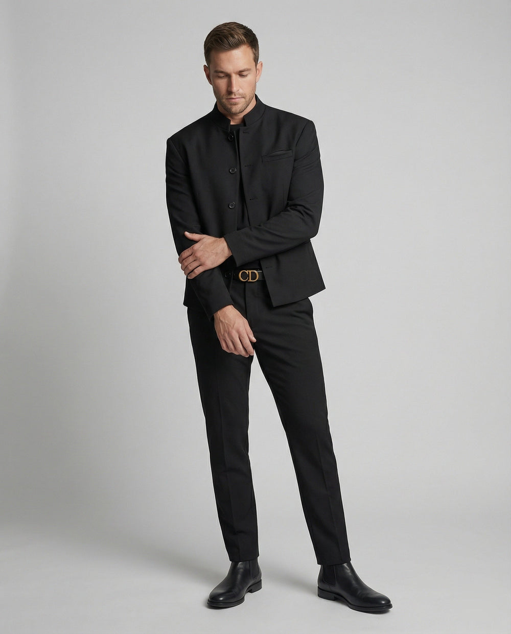 Stylish black men's short jacket with stand-up collar in modern clean fit look