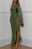 Chic und Stil | Zayla Satin Asymmetrical One Shoulder Bell Sleeve Split Maxi Dress