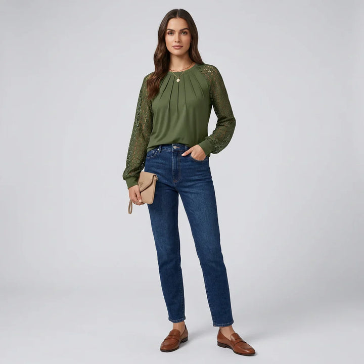 Pleated Lace Long‑Sleeve Shirt