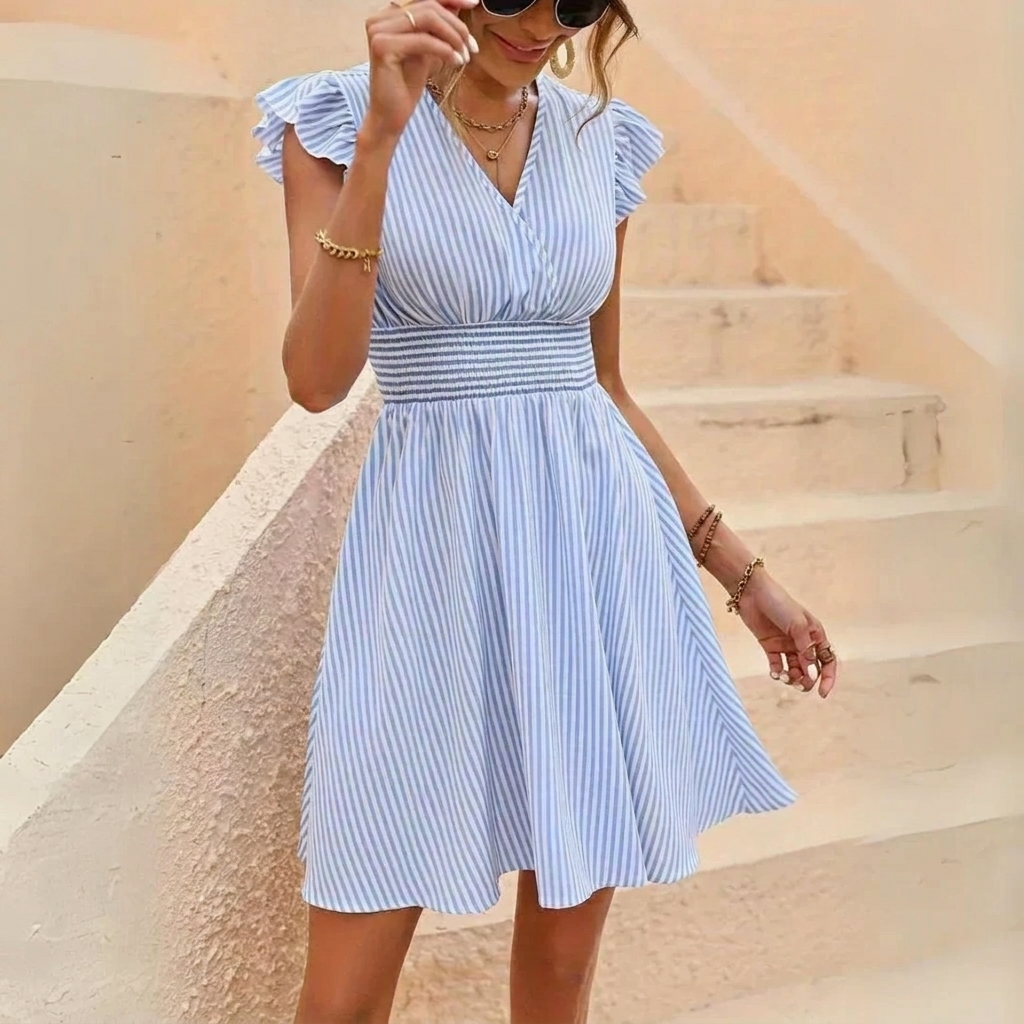 Feminine Summer Striped Dress with Ruffle Details