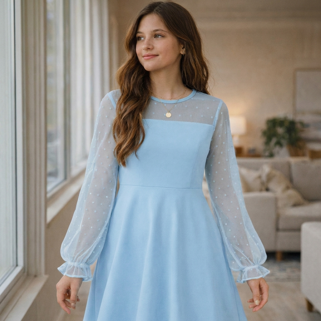 Elegant Girls’ Dress – Long Mesh Sleeves, High Wais