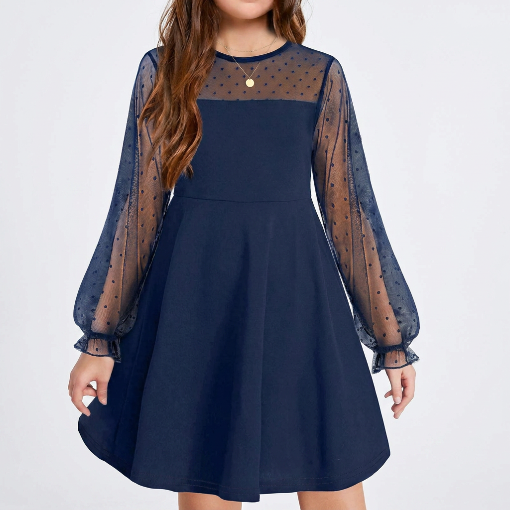 Elegant Girls’ Dress – Long Mesh Sleeves, High Wais