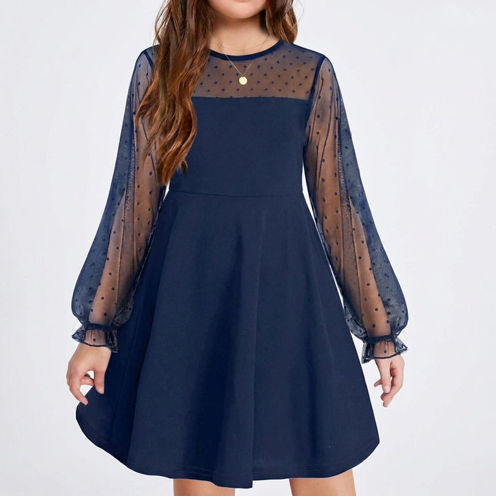 Elegant Girls’ Dress – Long Mesh Sleeves, High Wais