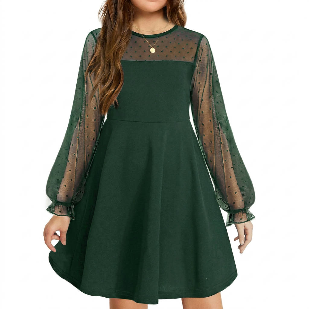 Elegant Girls’ Dress – Long Mesh Sleeves, High Wais