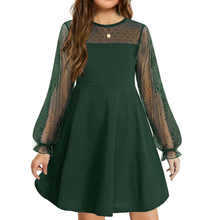 Elegant Girls’ Dress – Long Mesh Sleeves, High Wais
