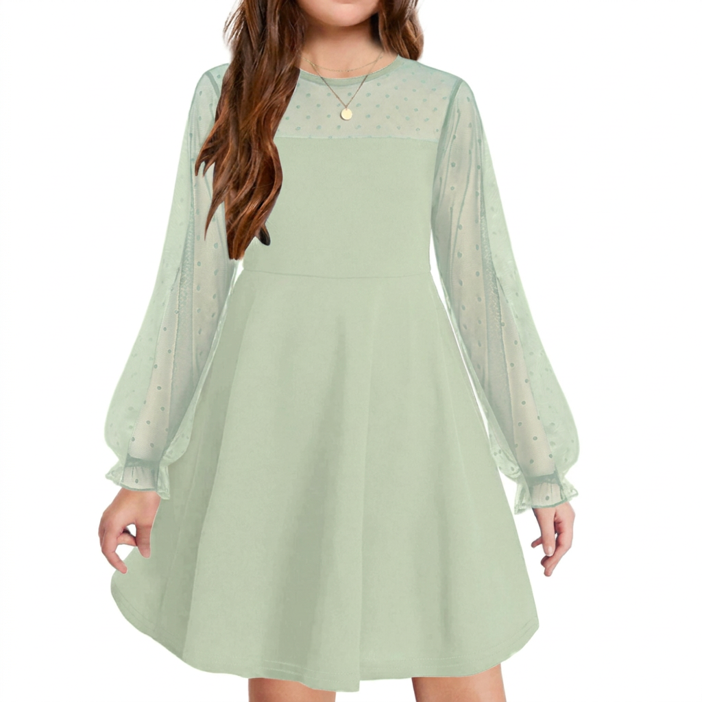 Elegant Girls’ Dress – Long Mesh Sleeves, High Wais