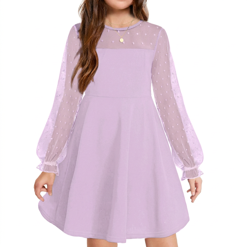 Elegant Girls’ Dress – Long Mesh Sleeves, High Wais