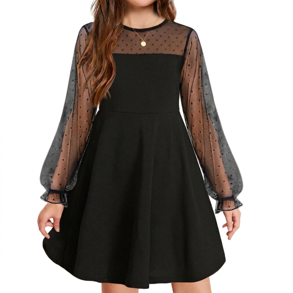 Elegant Girls’ Dress – Long Mesh Sleeves, High Wais