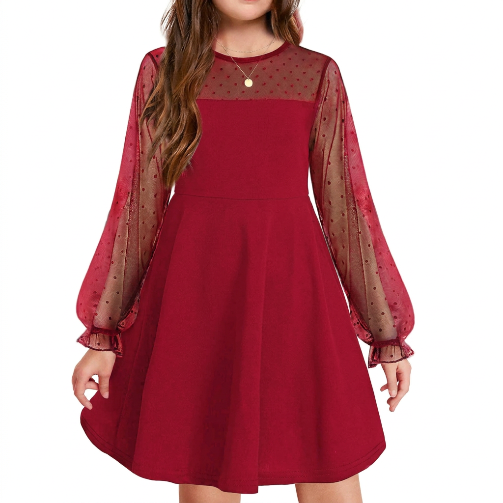 Elegant Girls’ Dress – Long Mesh Sleeves, High Wais