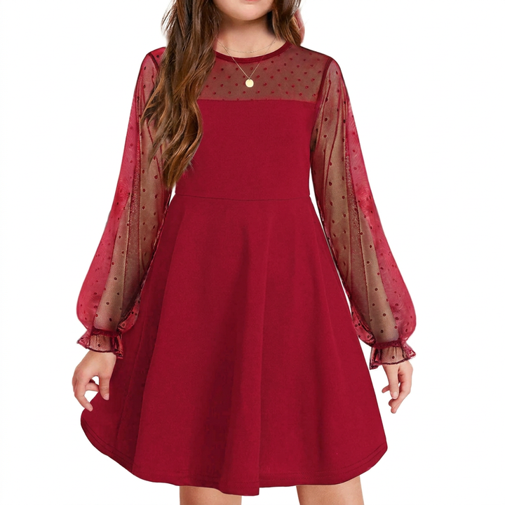 Elegant Girls’ Dress – Long Mesh Sleeves, High Wais