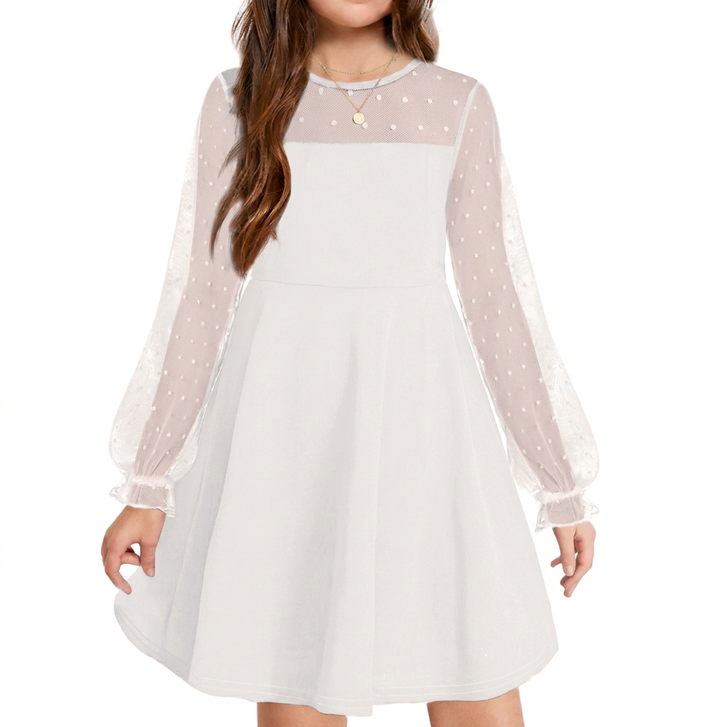 Elegant Girls’ Dress – Long Mesh Sleeves, High Wais