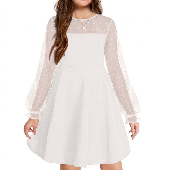 Elegant Girls’ Dress – Long Mesh Sleeves, High Wais
