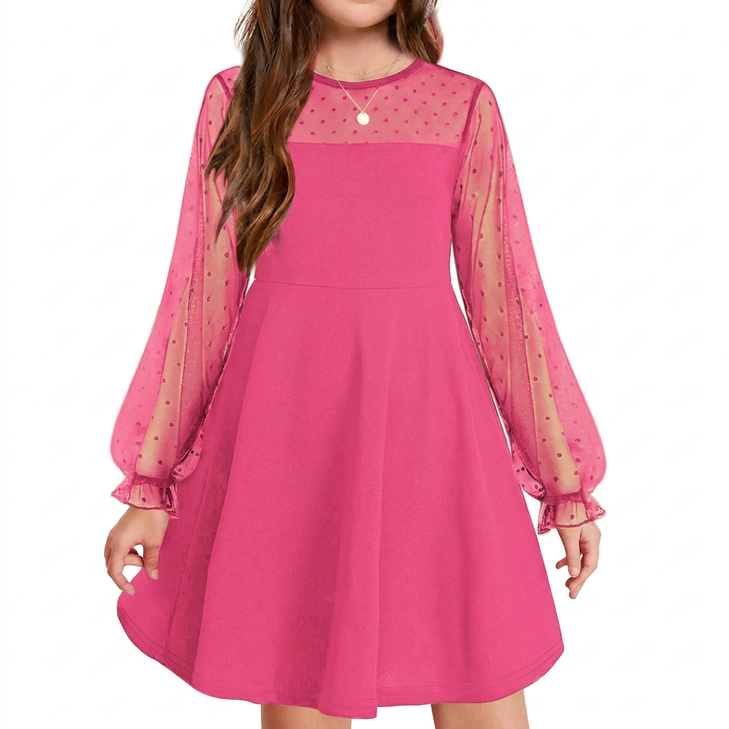 Elegant Girls’ Dress – Long Mesh Sleeves, High Wais