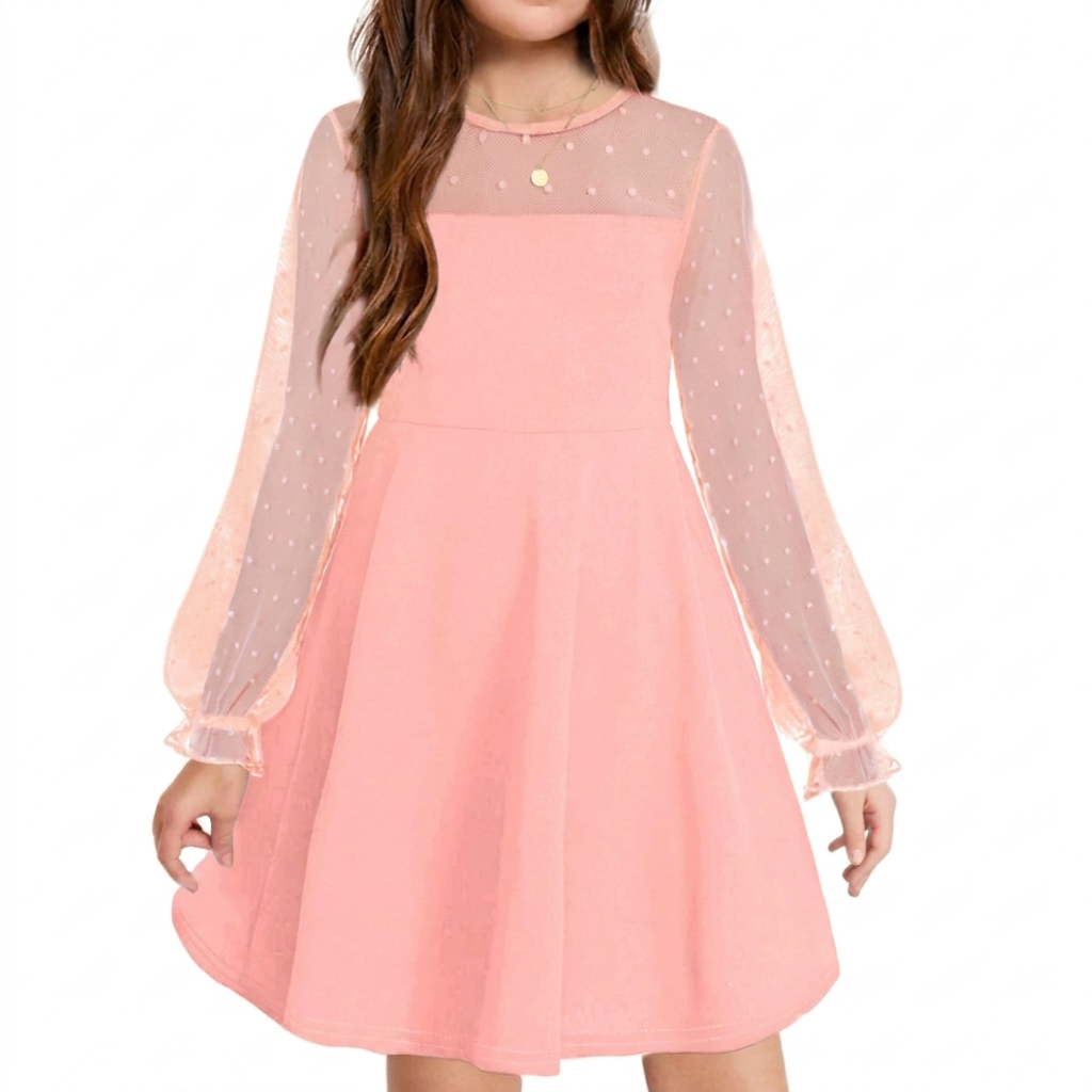 Elegant Girls’ Dress – Long Mesh Sleeves, High Wais