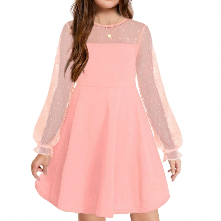 Elegant Girls’ Dress – Long Mesh Sleeves, High Wais
