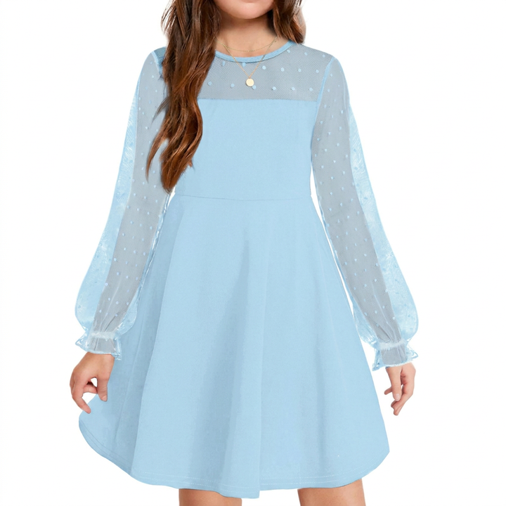 Elegant Girls’ Dress – Long Mesh Sleeves, High Wais