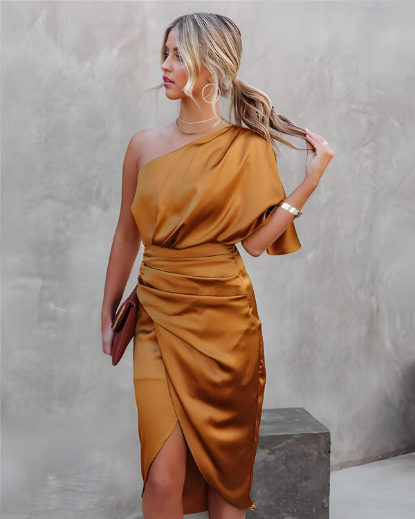 Satin Midi Dress with One-Shoulder Design and Elegant Ruffles