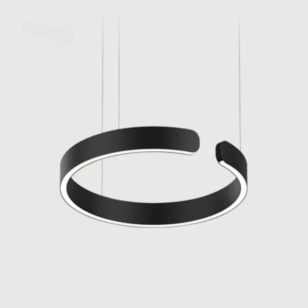 "Modern circular LED pendant light in minimal design, black finish, ideal for elegant home interiors and efficient lighting."