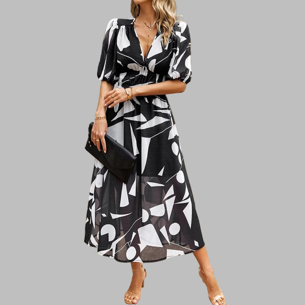 "Women's casual V-neck midi dress in breathable cotton, features short sleeves and a relaxed silhouette for summer comfort."